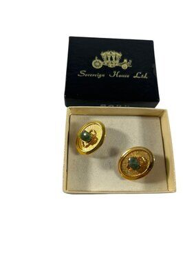 Vintage Sovereign House LTD Mens Cufflinks Cuff Links Gold Tone Green Cabochon
